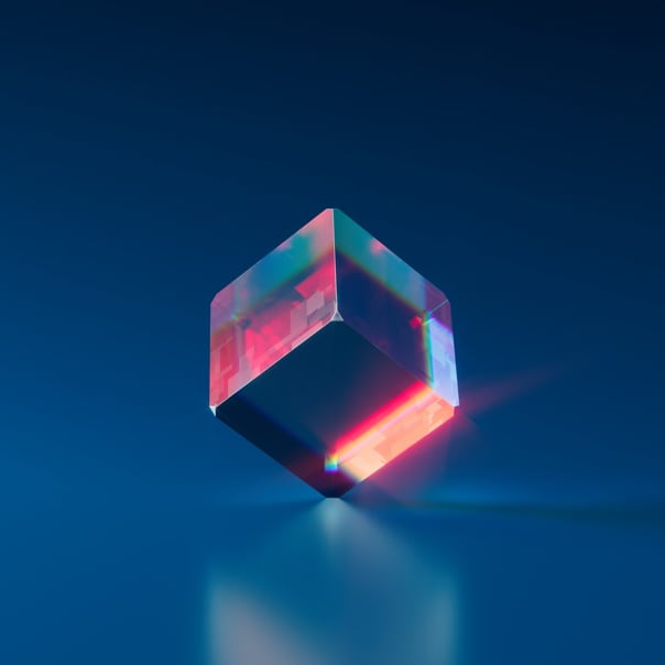 artwork of NFT Equilibrium #3429; a cube prism with soft, red-colored refractions